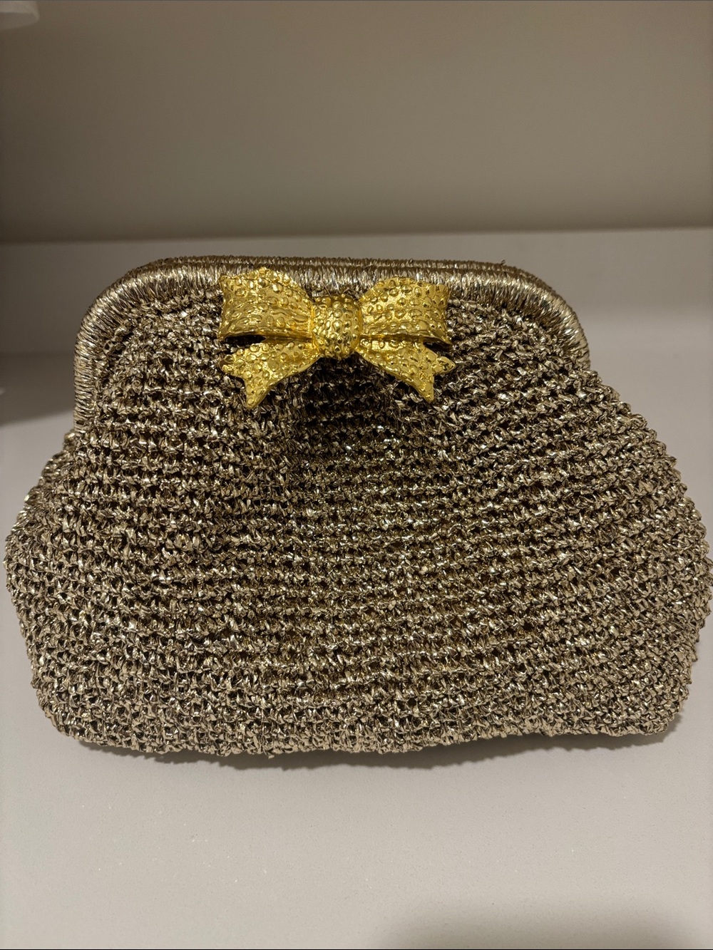 NWT Monkees of Winter Park Metallic Gold Bow Accent Clutch